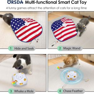 Cat Toys Rechargeable, 4in 1 Interactive Kitten Toy for Indoor Cats, Automatic Hide and Seek Self Play Cat Feather Wand Toy with Smart Sensing, Whack a Mole, Chase Feather for All Breeds